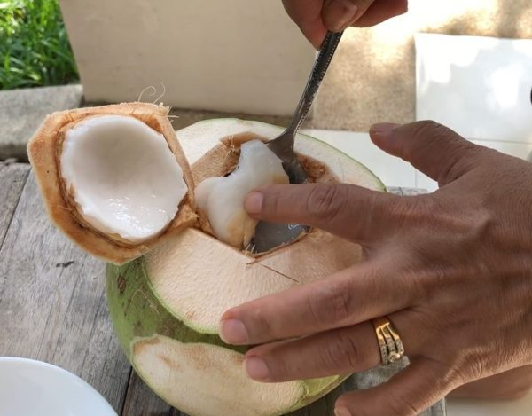 ココナッツの白い実は柔らかいので、簡単に取れる2